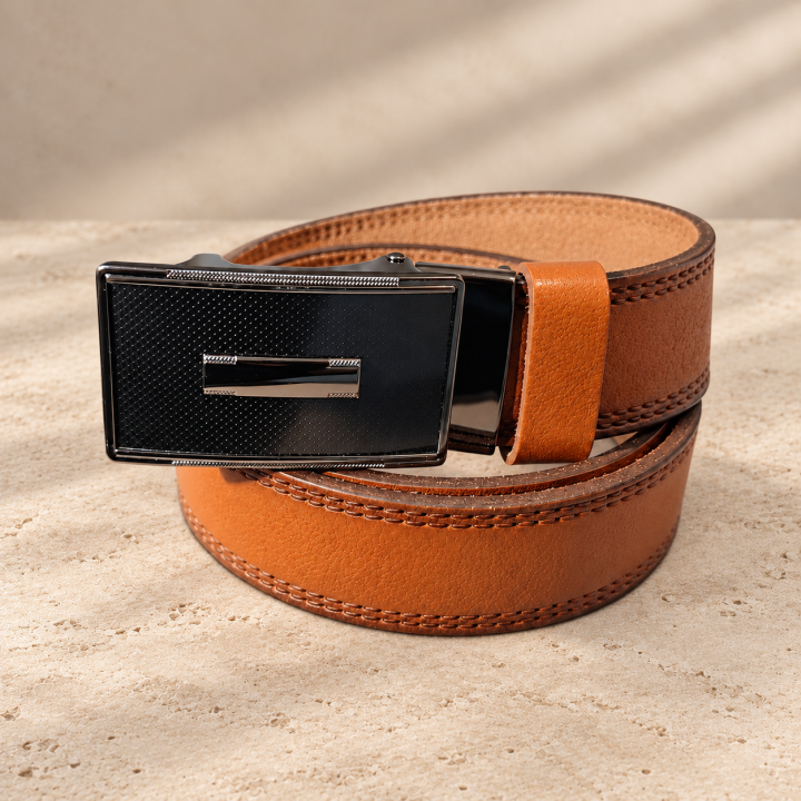 Cognac Relief – brown men’s automatic belt, 3.5 cm