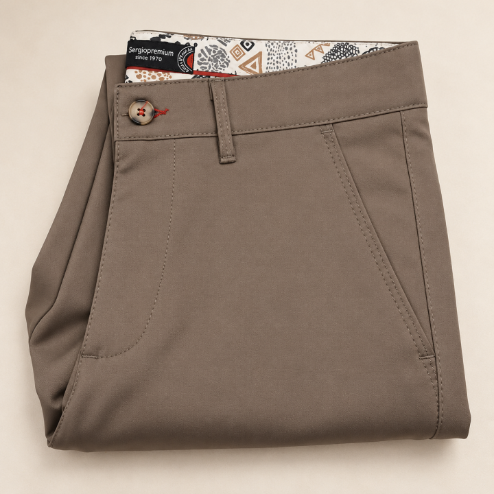 Khaki-barna sportosan elegáns férfi nadrág – összehajtott elölnézet