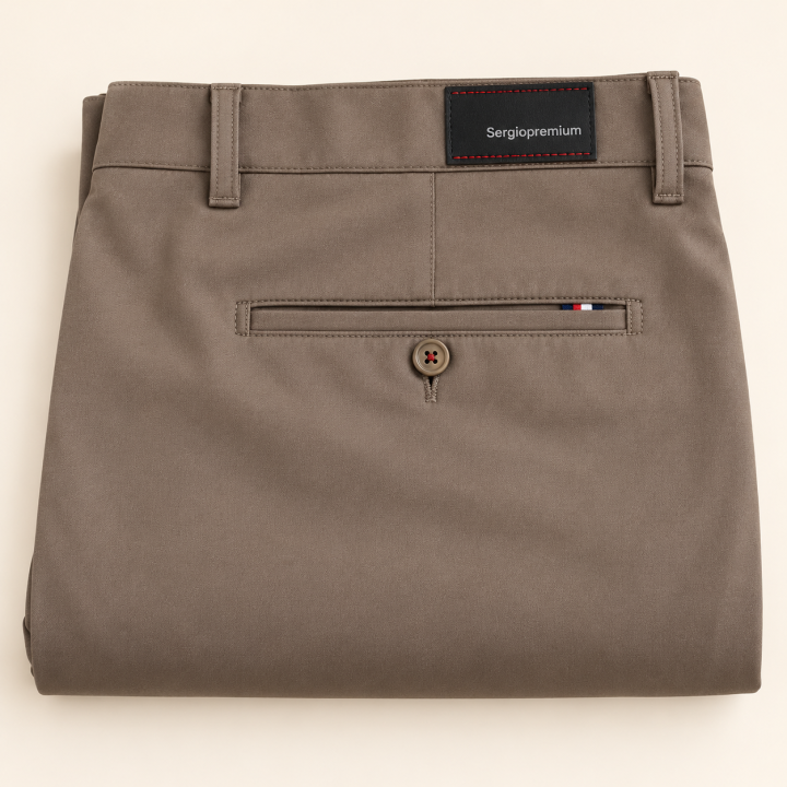 Khaki-barna sportosan elegáns férfi nadrág – összehajtva, hátsó zseb
