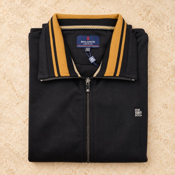 Balance black men’s full-zip sweater with mustard collar - folded view
