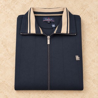 Balance navy men’s full-zip sweater with beige collar - folded view