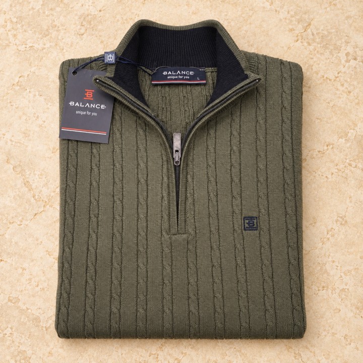 Balance olive-green cable-knit quarter-zip sweater - folded view