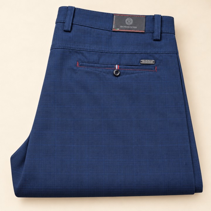Bigman blue checked plus-size smart-casual trousers - folded rear view