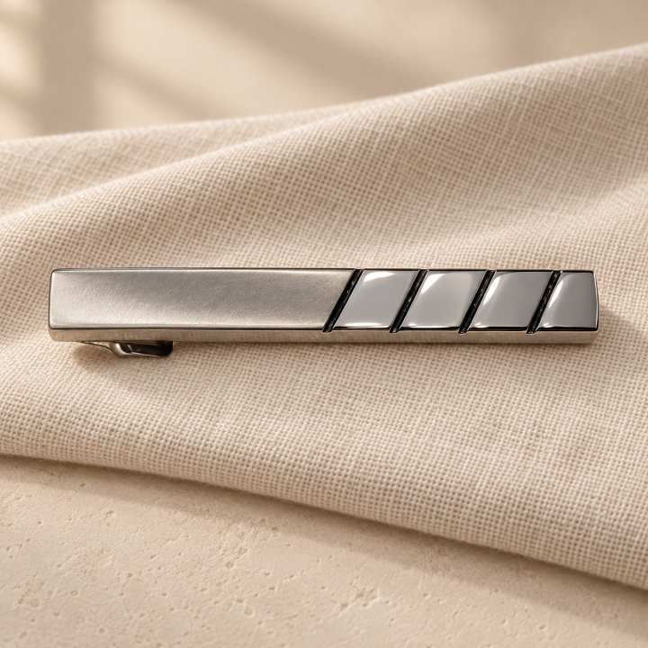Silver-tone tie clip with diagonal detailing